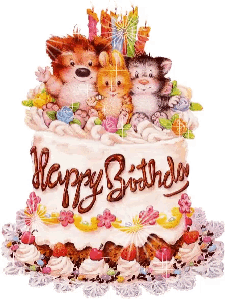 a happy birthday cake with three cats on top