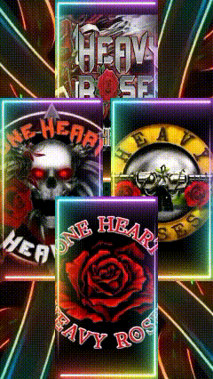 heavy rose one heart and guns n ' roses are displayed on a neon background