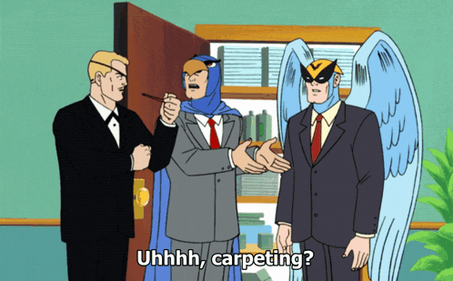 a cartoon shows a man in a bird costume talking to two other men