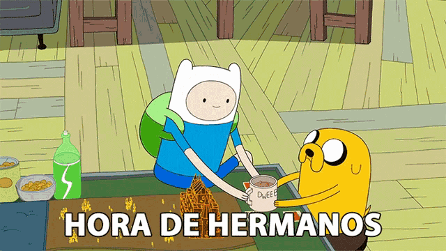 a cartoon character holding a cup of coffee with hora de hermanos written on the bottom