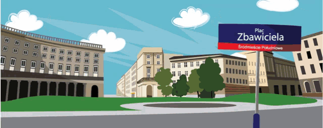 a cartoon drawing of a city with a sign that says plac zbawiciela