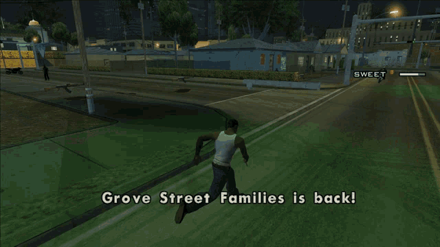 a man running down a street with the words grove street families is back on the screen