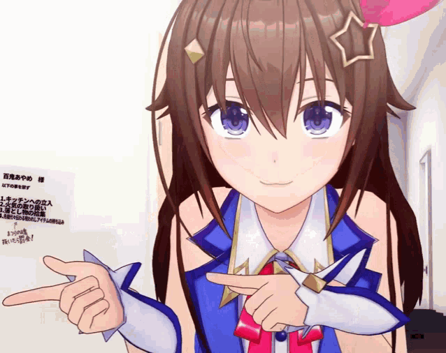 a girl with a star on her head points to something