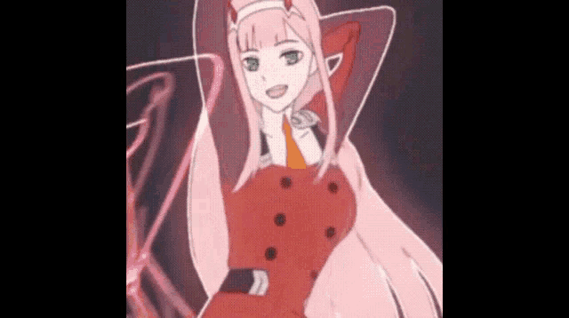 zero two from darling in the franxx is wearing a red dress and a red cape .