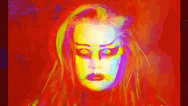 a colorful painting of a woman 's face with a red background