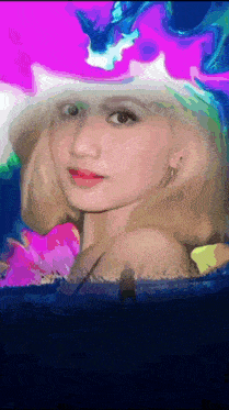 a painting of a woman 's face with a pink flower in the background