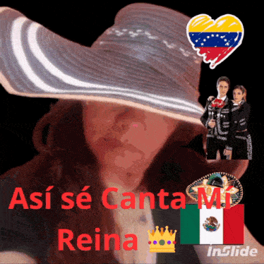 a woman wearing a mariachi outfit and a hat with the words " así se canta mi reina "