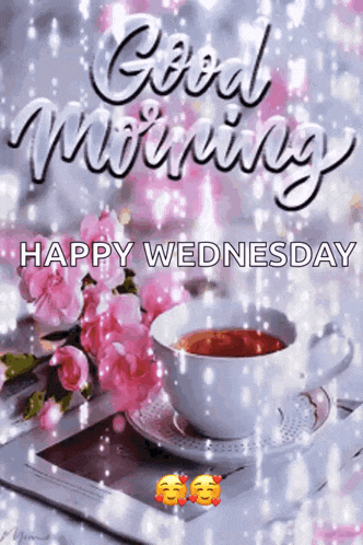 a good morning happy wednesday greeting card with a cup of tea and flowers .