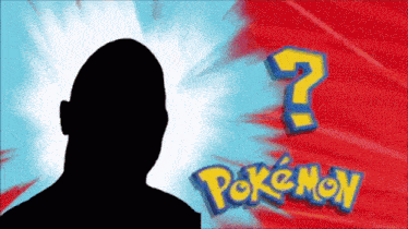 a silhouette of a man stands in front of the pokemon logo