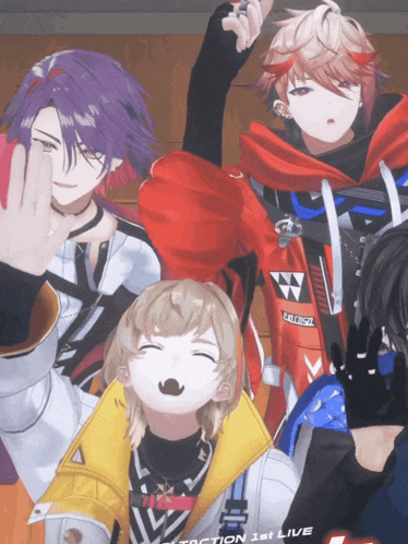 a group of anime characters are posing for a picture and one of them is wearing a jacket that says balenciaga