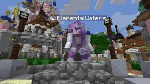 a person in a purple outfit is standing in front of a castle in a video game called elementalwaters
