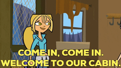 a cartoon of a girl standing in front of a window says come in come in welcome to our cabin