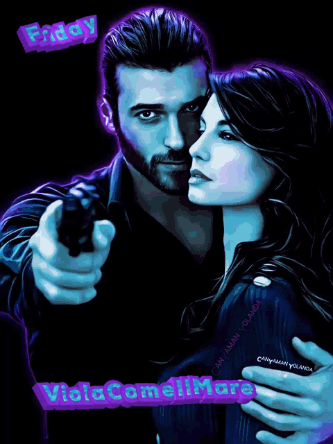 a painting of a man pointing a gun at a woman with viola comel mare written below it