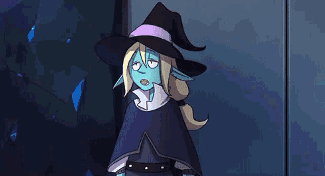 a cartoon character wearing a witch hat and a cape