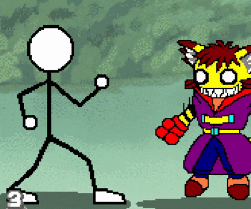 a pixel art drawing of a stick figure and a cartoon character