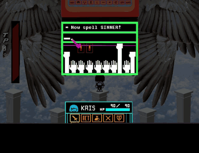 a screenshot of a video game shows a screen that says now spell sinner