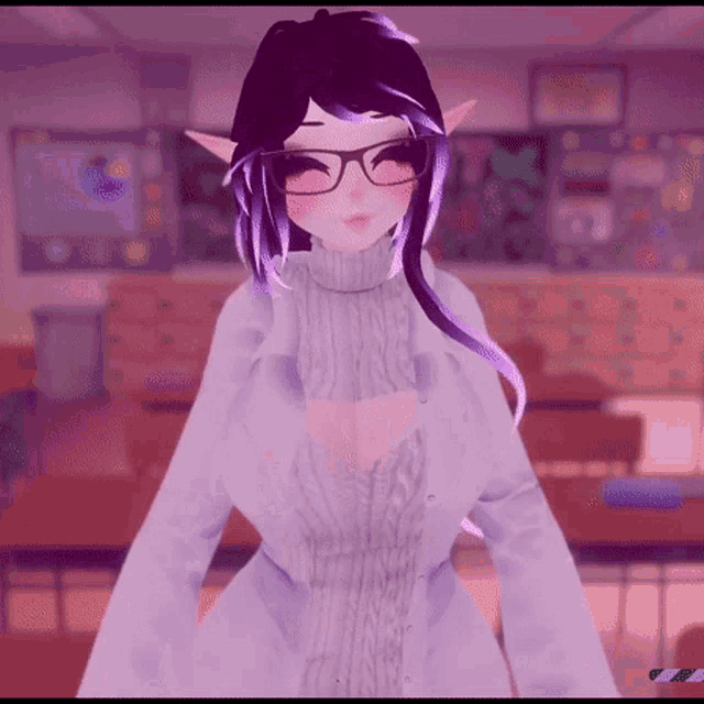 a girl with purple hair and glasses is wearing a sweater