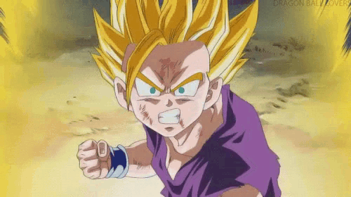 a cartoon character with a purple shirt and yellow hair is fighting another cartoon character with a fist in the air .