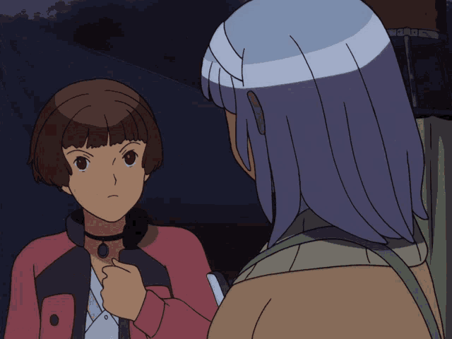 two anime characters are talking to each other and one of them has a necklace around her neck