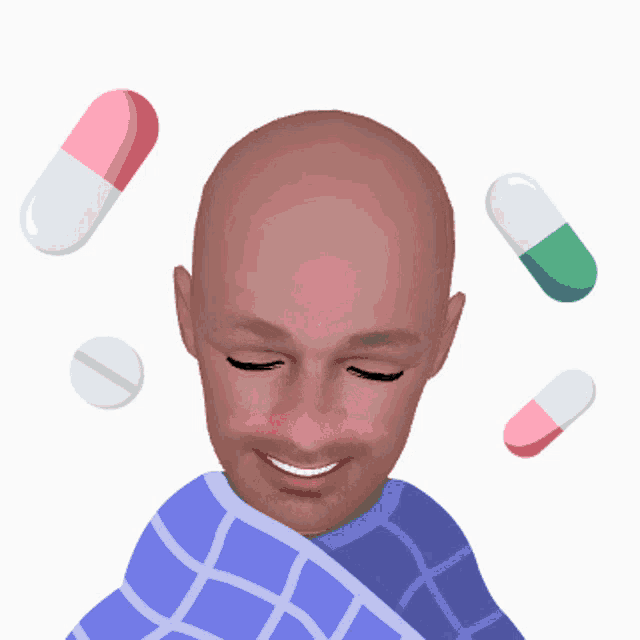 a bald man is wrapped in a blue plaid blanket with pills coming out of his head