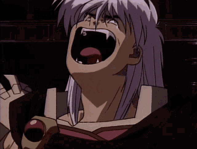 a cartoon character with purple hair is screaming with his mouth wide open