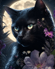 a black cat with green eyes is surrounded by purple flowers and a full moon