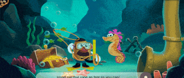 a cartoon of a man and a seahorse with the words " hand me that rope as fast as you can " below them