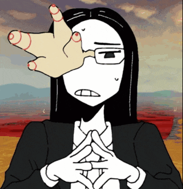 a black and white cartoon of a woman with glasses and a hand covering her face