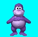 a purple gorilla is standing in front of a blue background and smiling .