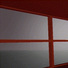 a window with a red frame and a red border