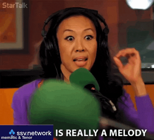 a woman wearing headphones is talking into a microphone with the words " is really a melody " on the bottom
