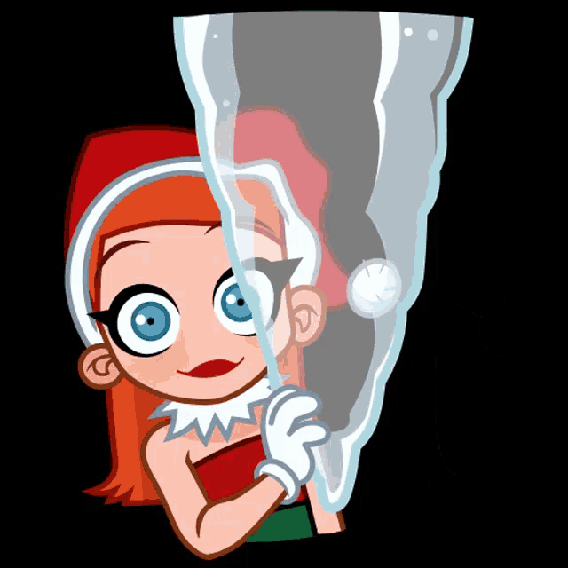 a cartoon of a girl in a santa hat looking through a bubble