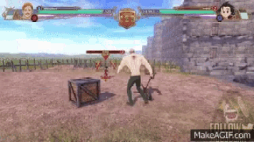 a video game where a man is fighting another man in a field with a box in the foreground .