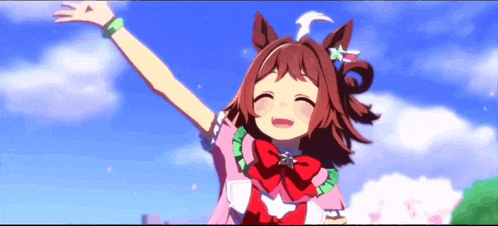 a girl in a pink dress with a red bow on her head is smiling and raising her arms in the air .