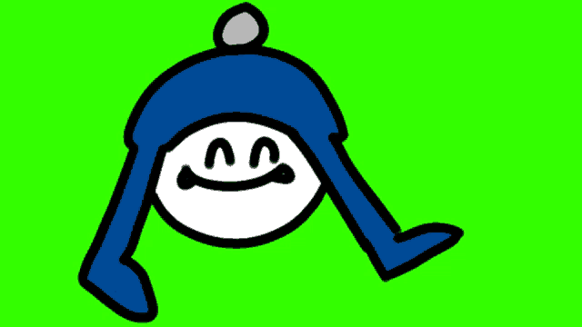 a cartoon drawing of a person wearing a blue hat and smiling