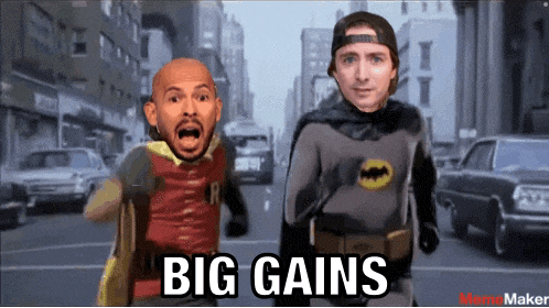 two men dressed as batman and robin are running down a city street with the words big gains below them