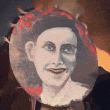 a close up of a painting of a woman with a red flower on her head