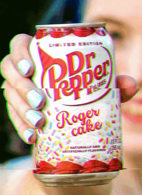 a woman is holding a can of dr pepper roger cake soda