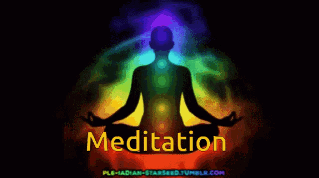 a silhouette of a person in a lotus position with the word meditation below