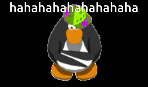 a pixel art of a penguin that says ' hahahaha ' on the top