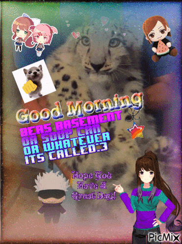 a picture of a girl and a cat with the words good morning bears arsement on it