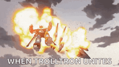 a robot is flying through the air with a huge explosion behind it and the words `` when trolltron unites '' .