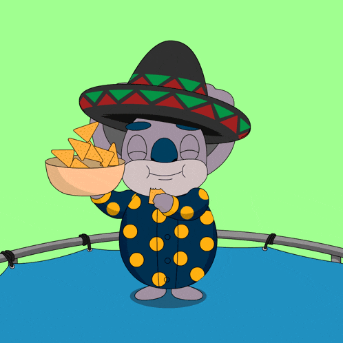 a cartoon koala wearing a sombrero holds a bowl of chips