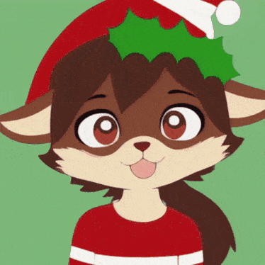 a cartoon character wearing a santa hat with a holly on it
