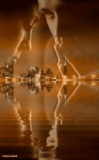 a painting of a man and woman looking at each other with a reflection of the city in the water