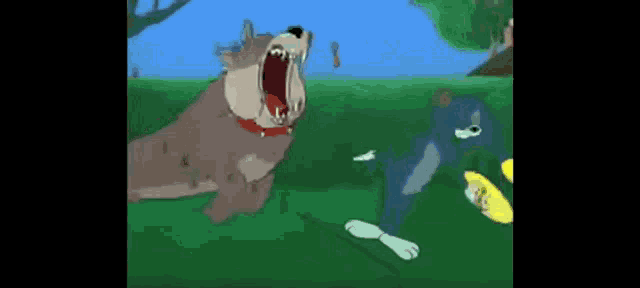 a cartoon dog is standing next to a cartoon cat in a grassy field .