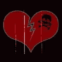a broken heart with a lightning bolt and a skull on it on a black background .