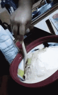 a person stirring a bowl of food with a spoon