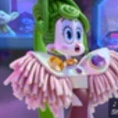 a cartoon character is wearing a green hat and pink wings .