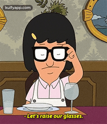 a cartoon character from bob 's burgers is sitting at a table with a glass of wine and a plate of food .